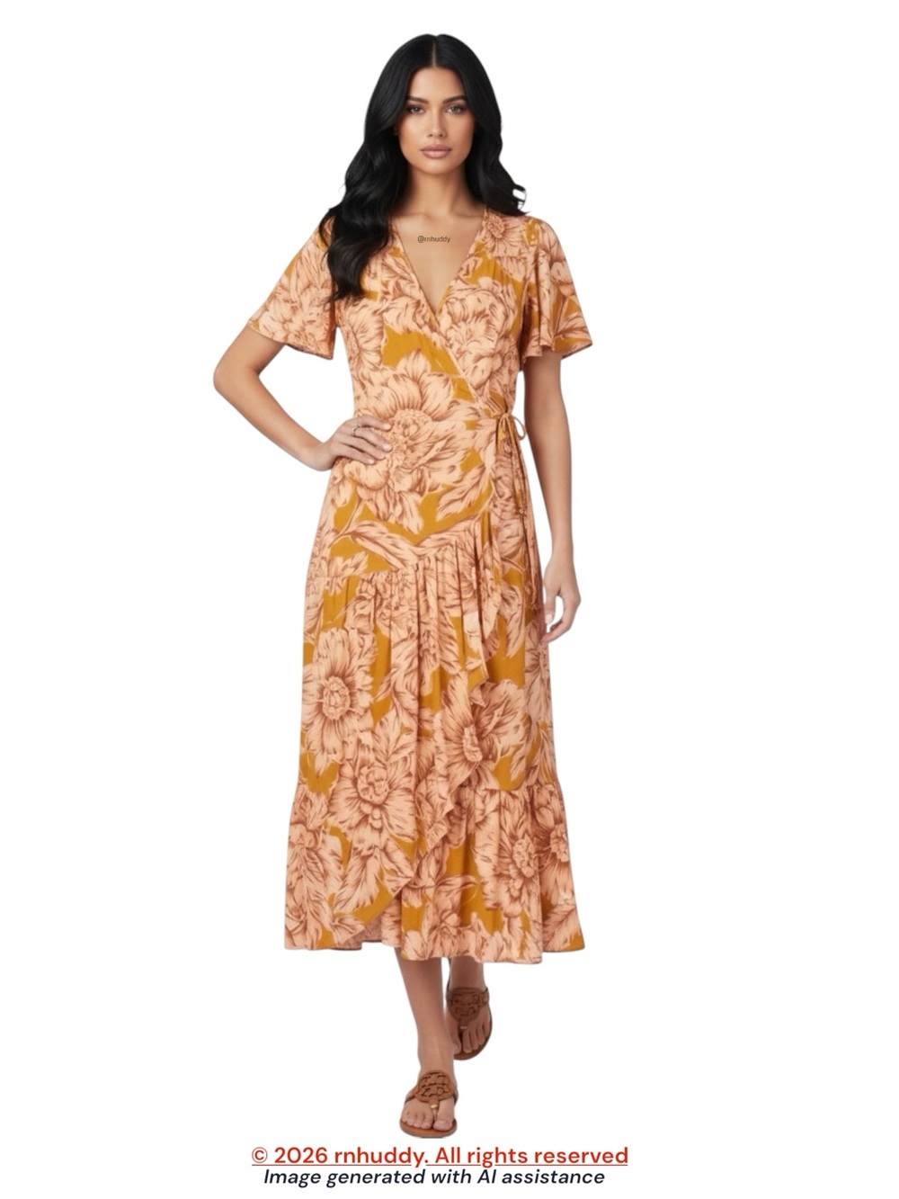 Band of the Free S gold/blush pink floral midi wrap dress